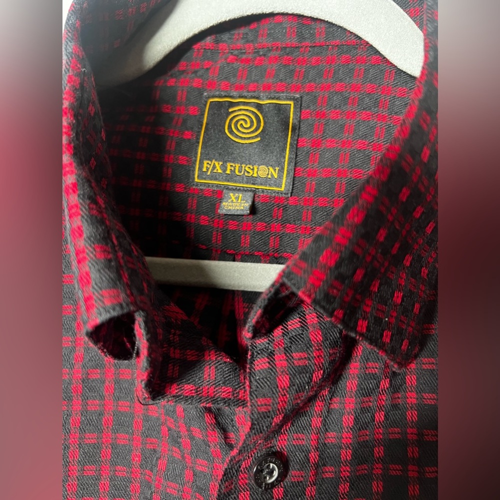 FX Fushion Men’s Button Up Long Sleeve Shirt(XL)(Red/Black)